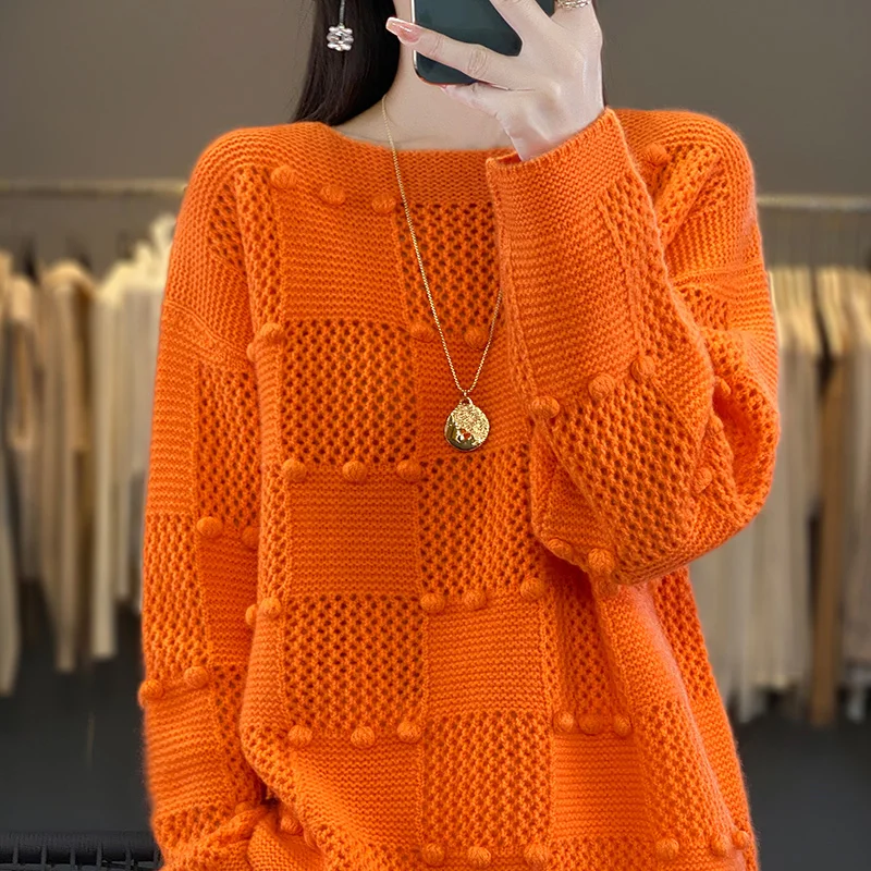 New Arrivals Hollow Out Large Size 100% Merino Wool Women's Sweater O-Neck Pullovers Knitted Jumpers Lady Clothes Fashion Trends