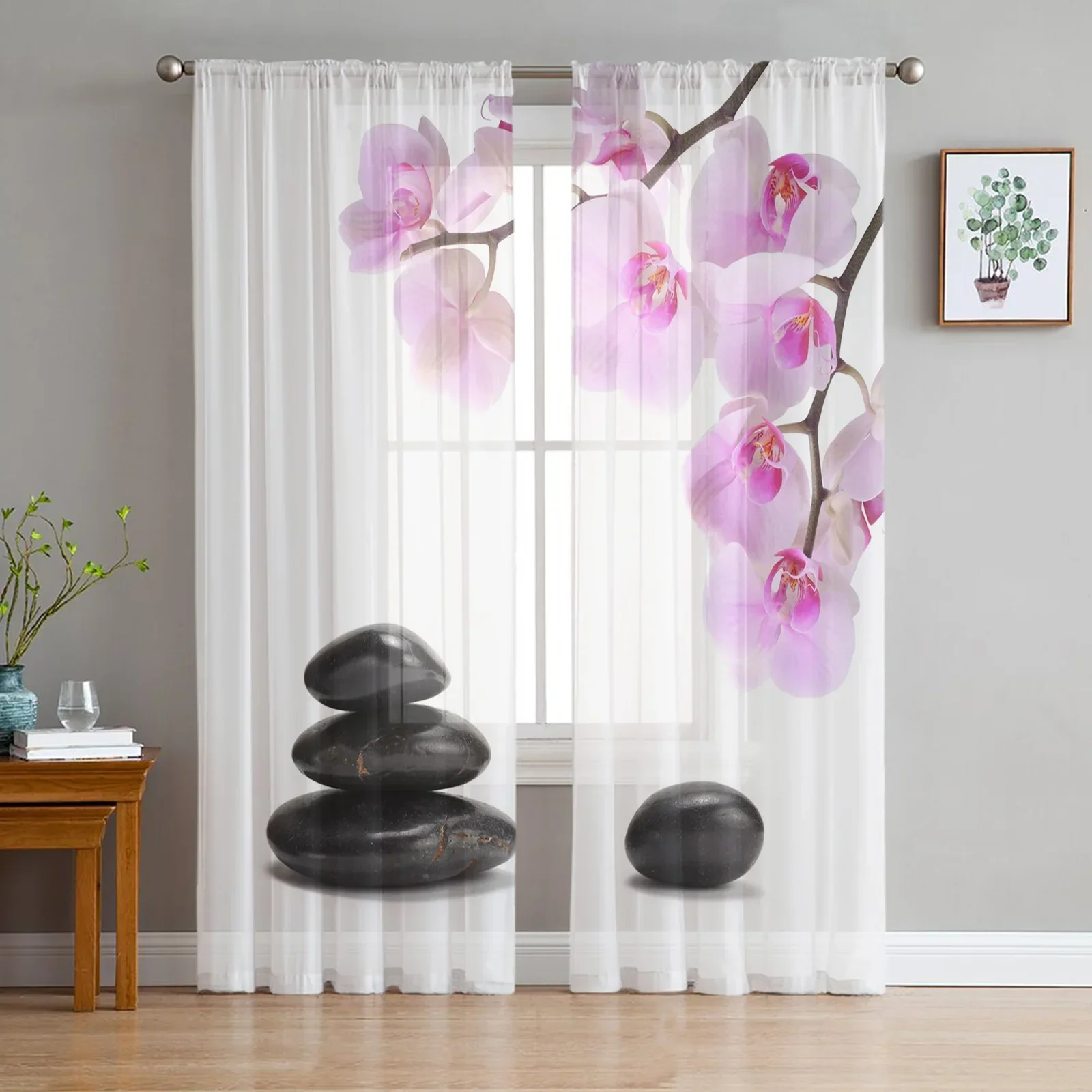 Orchid Black Stone Pink Flower White Tulle Sheer Curtains for Living Room Decor Window Curtain for Bedroom Voile Organza Drapes