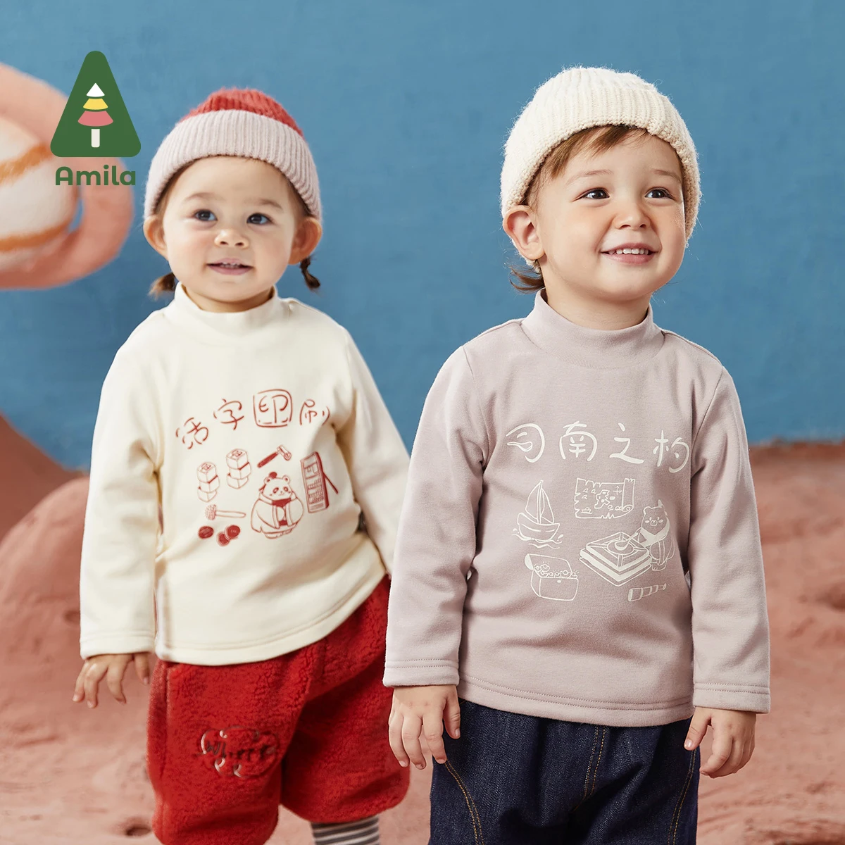 

Amila Baby's T-shirt 2024 Winter New Boys and Girls Cartoon Print Tops Kids Chinese Elements Long-sleeved Half High Neck Clothes