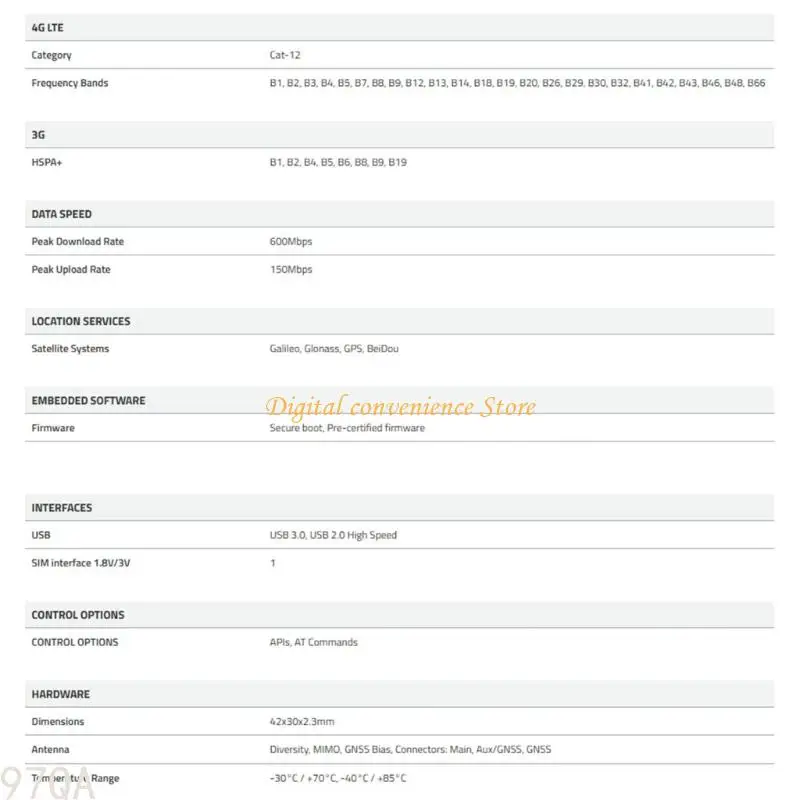 97QA EM7511 อุตสาหกรรม CAT12 4G LTE โมดูล 600MBPS ดาวน์โหลด 150MBPS อัปโหลดการบูตที่ปลอดภัยและการสนับสนุน EUICC IOTS
