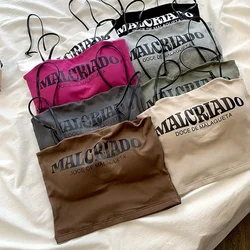 Women Letters Printed Solid Crop Top Casual with Bra Pad Outer Wear Tube Top Cotton Slim Fashion Versatile Camis Summer Basic