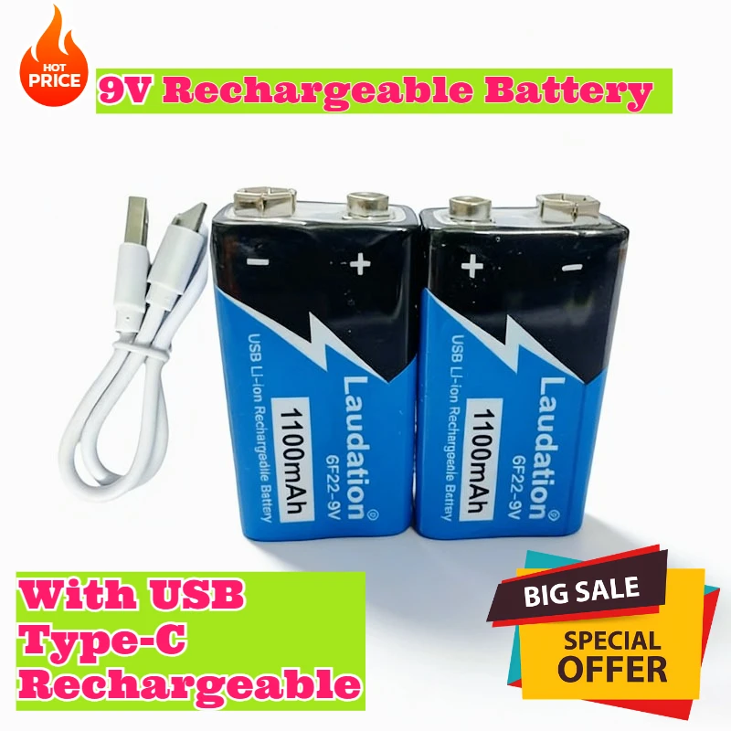 

9V 1100mAh Rechargeable Battery Type-C 6F22 9v Li-ion Battery for Metal Detector Remote Control Helicopter Microphone To01