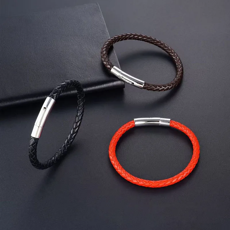 

50pcs/Lot 5.0mm Leather Bracelet Titanium Steel Buttons Hand knitting High Level Lovers Wristband Gifts For Couple
