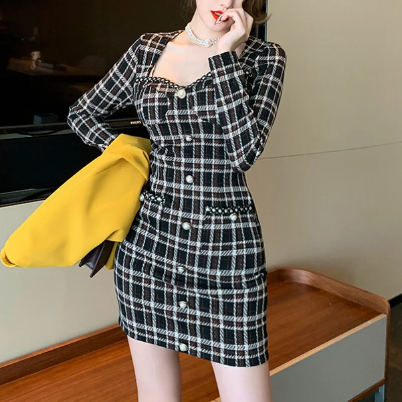 

Vintage Small Fragrance Square Collar Elastic Plaid Waist Pocket Hip Dress Fashion Elegant Sexy Party One-piece Women Mini Dress