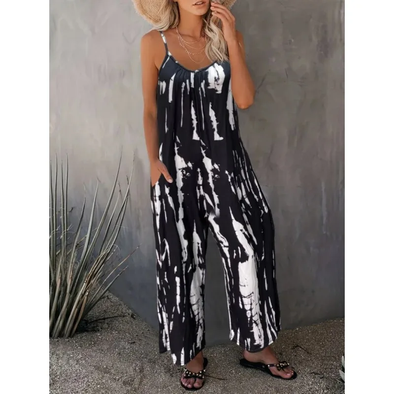 

New Style Jumpsuit Printed Split Skirt Irregular Tie-Dye Pocket Fashionable Elegant