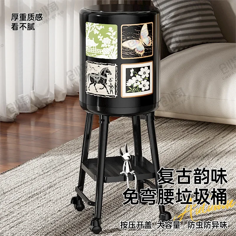 Retro Dark Style Trash Can with Wheels High Value Large Capacity for Living Room Bedroom Light Luxury Household Waste Bin