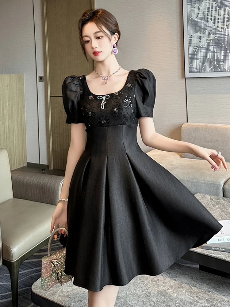 Quality French Evening Dress Women Clothes Exquisite Sweet Black Sequin Flowers Short Robe Lady Party Club Prom Vestidos Mujer