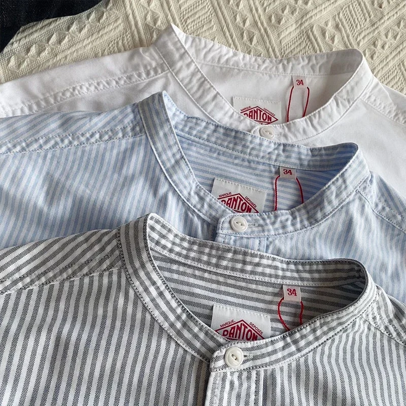 DANTON Original Women's Oxford Cloth Striped Stand Collar Long Sleeve Shirt, Pure Cotton Versatile Base Layer Blouse for Ladies