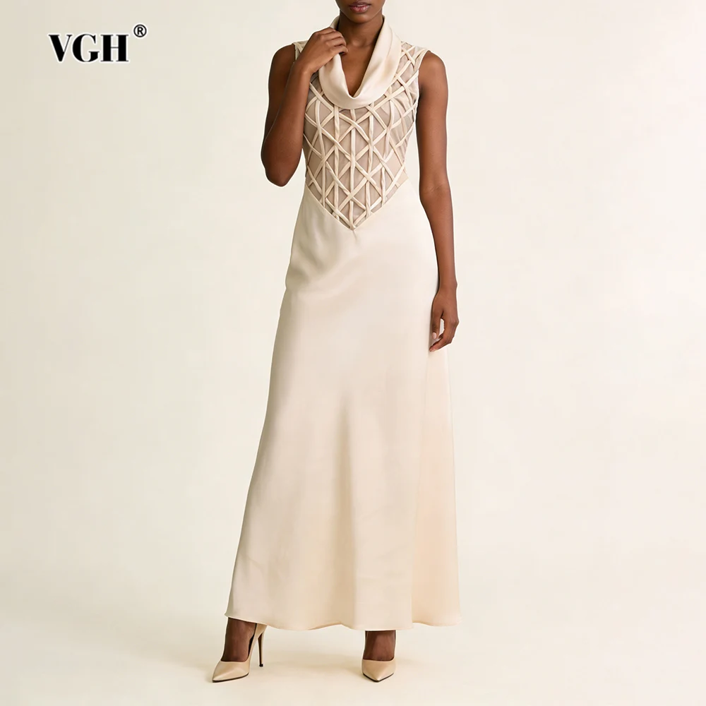 

VGH Temperament Satin Solid Dinner Dresses For Women Round Neck Sleeveless High Waist Hollow Out Elegant Dress Female Fashion