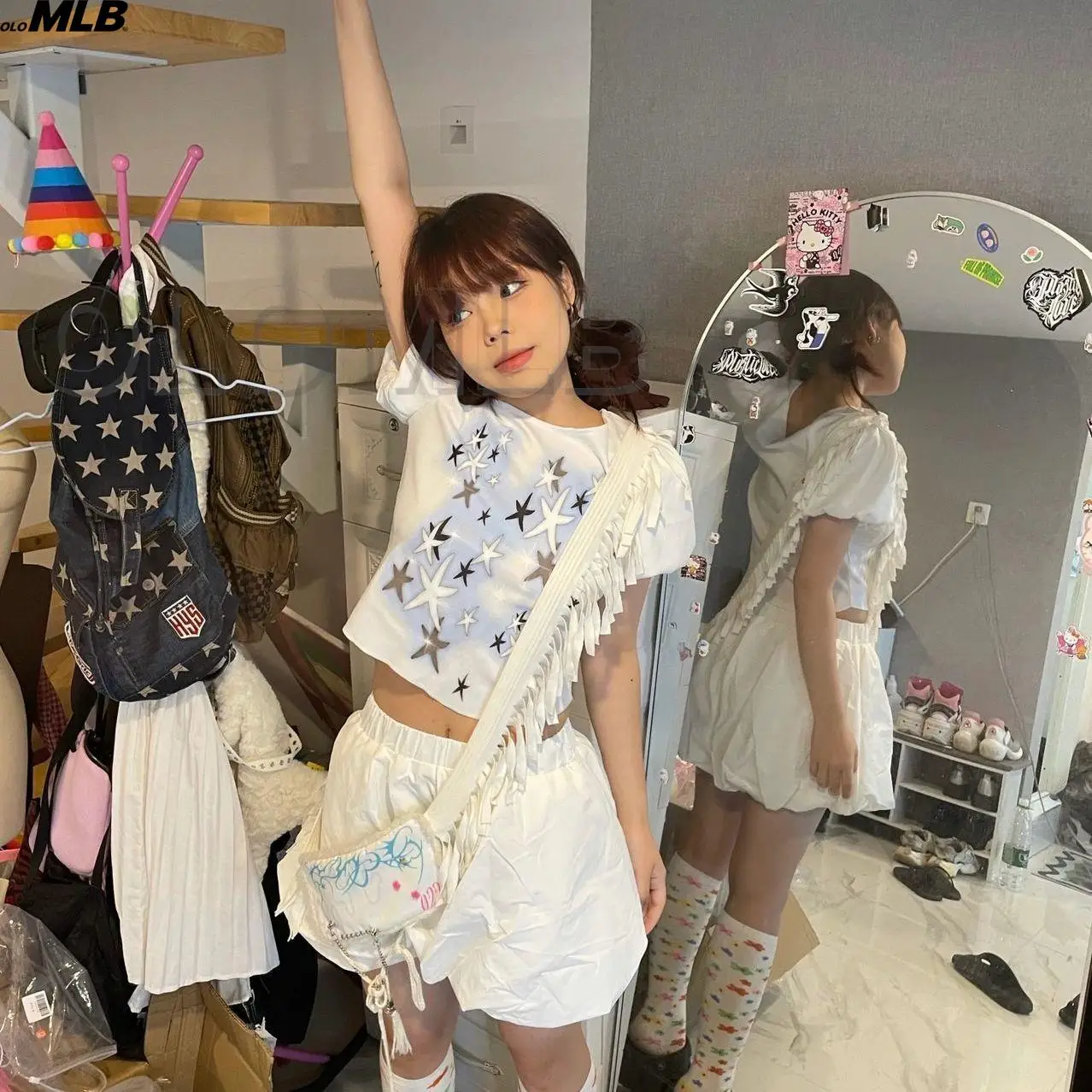 

Y2K Fashion Star Print fairy grunge Summer E-girl White Crop Tops Slim 2000s Streetwear Harajuku Goth Short Sleeve T-shirts