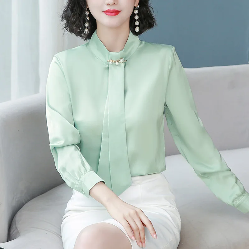 

Autumn New Long Sleeved Stand Collar Women Blouses Fashion Casual Solid Color Satin Shirt Office Lady Chiffon Clothes