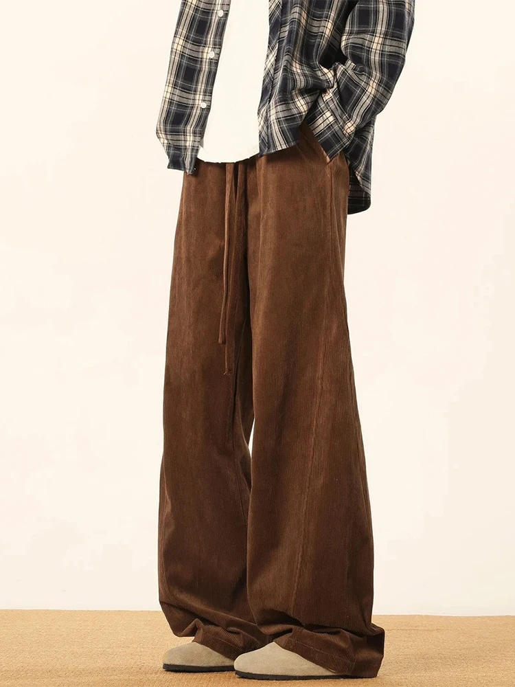 

Retro American Brown Corduroy Pants Men's Autumn Winter Straight Leg Casual Trousers Elastic Waist No Ironing Required