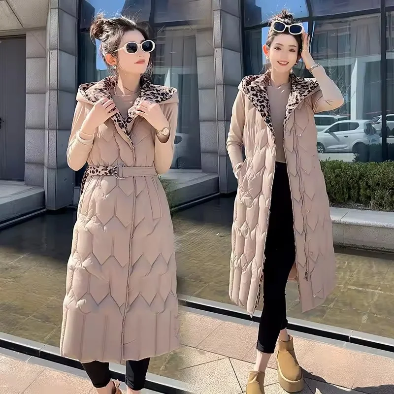 جديد الخريف الشتاء طويل أسفل القطن سترة المرأة ملابس خارجية الكورية فضفاض ليوبارد طباعة سترة دون أكمام سترة معطف صدرية الإناث #1