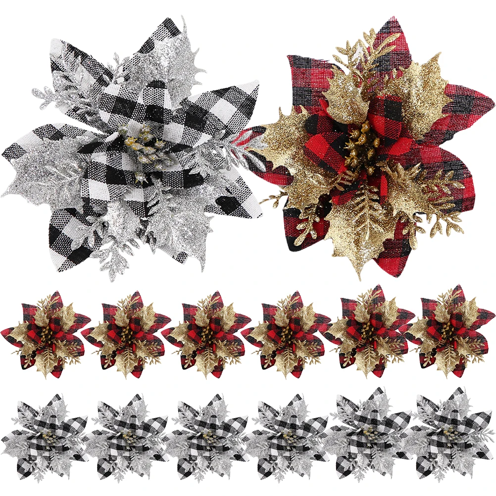 

12 Pcs Christmas Artificial Flowers Red Decorations Gold Powder for Xmas Tree Wreath Party Wedding Room New Year Craft Projects
