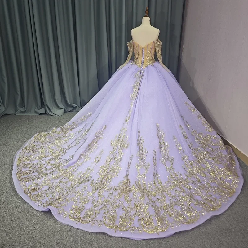 Wykwintne liliowe suknie ślubne księżniczki Gloden aplikacja kryształowa suknia balowa Vestidos 15 De Quinceanera Sweet 16 suknie dostosowane