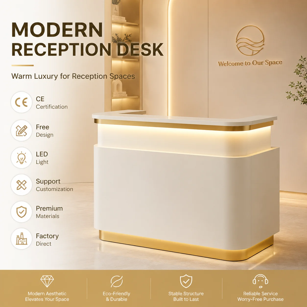 Cream Minimalist Gold Accent LED Reception Counter Compact Salon Check-in Desk Custom Color Small Spa Clinic Reception Furniture