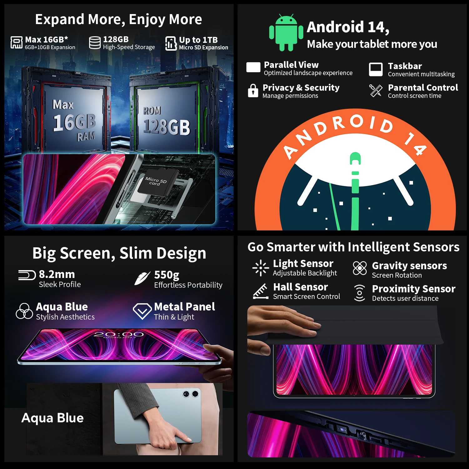 Teclast T60 Plus 12" Tablet 90Hz 2K Display Android 14 Max 16GB RAM 128GB ROM MTK G88 Octa-Core 8000mAh Widevine L1 4G LTE GPS
