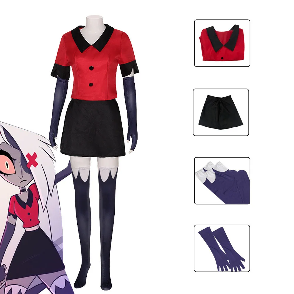 Vaggie Cosplay Costume Haz bin Cos Hotel Red Uniform Top Skirt Gloves Socks Full Set Suits for Adult Halloween Party Fancy