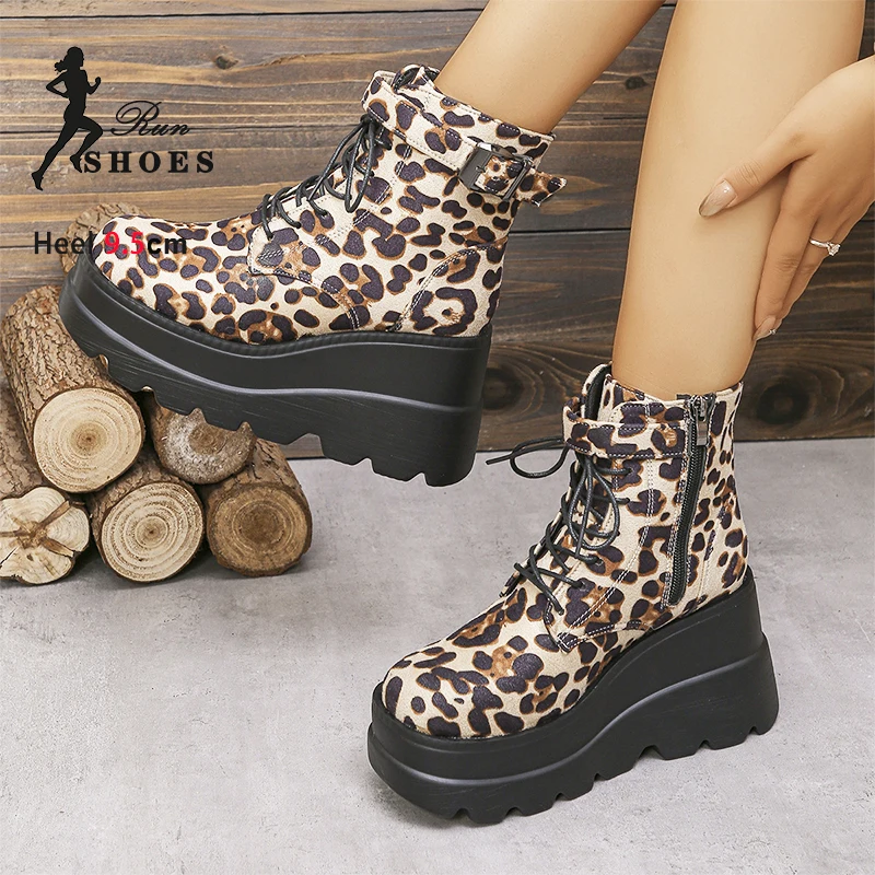 Ankle Shoes Woman Fashion Leopard Print Casual Boots Women Thick Bottom Shoes 2024 Autumn New Comfy Wedges Motorcycle Boots 43