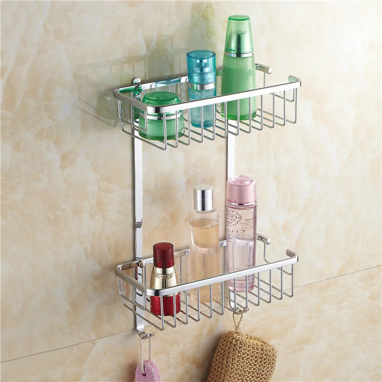 

Bathroom Shelves Dual Tier Bathroom Rack Chrome Brass Wall Mounted Towel Washing Shower Basket Bar Shelf For Bath HJ-834k-1