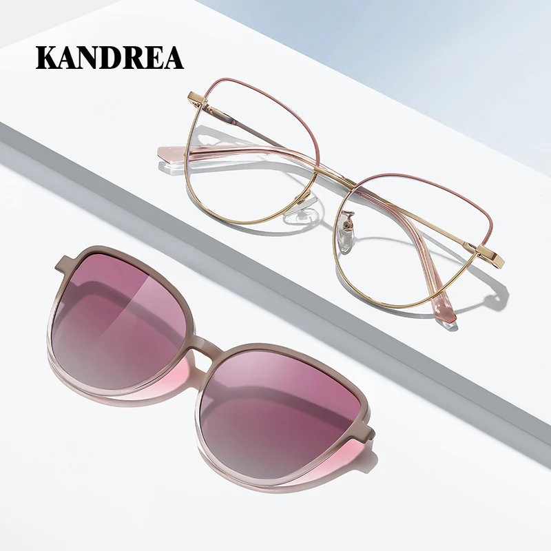 

KANDREA 2 IN 1 Clip On Cateye TR90 Magnetic Polarized Sunglasses Women Metal Optical Myopia Anti-Blue Light Glasses Frame 7102