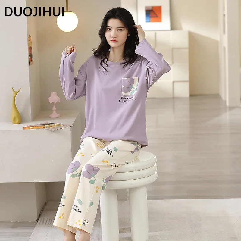 

DUOJIHUI Chicly Floral Printed Simple Women's Pajamas Set Autumn O-neck Pullover Loose Pant Fashion Spell Color Female Sleepwear