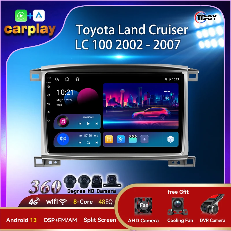 

Wireless Carplay Android Auto Audio for Toyota Land Cruiser LC 100 2002-2007 Car Radio Multimedia Stereo Player GPS Navi WIFI 4G