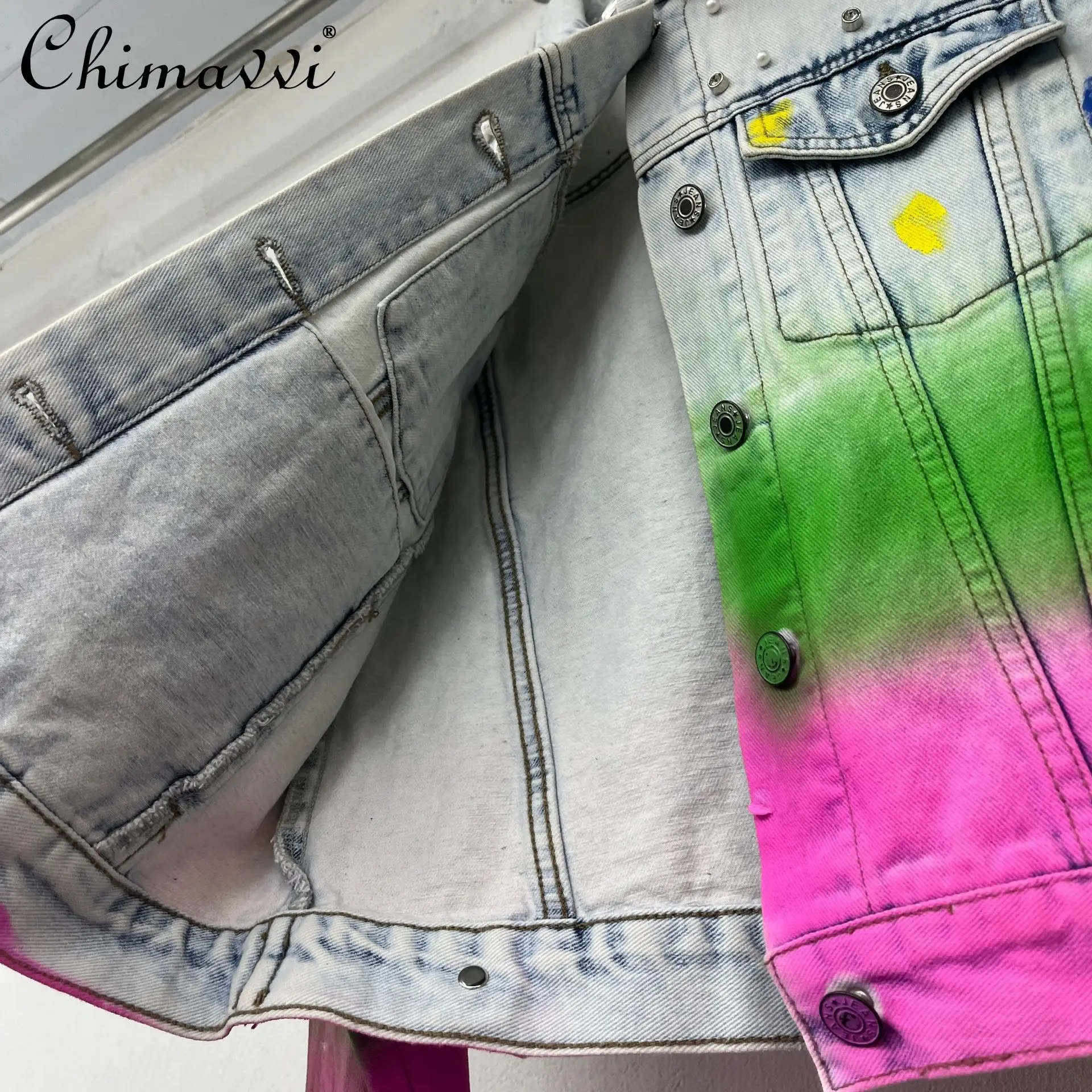 European Color Matching Printed Denim Jacket Women's 2025 Autumn New Fashion Heavy Beaded Top High Street Long-sleeved Coat