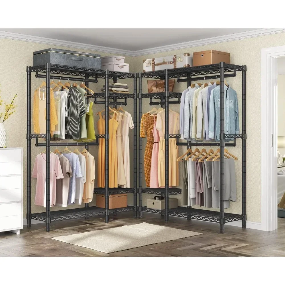 

Closet Wardrobe, 4 Tiers Adjustable Wire Shelving Clothing Racks with 3 Hanging Rods, Freestanding Closet Metal Wardrobe Closet