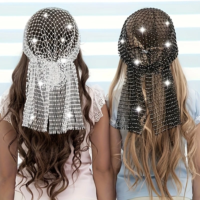 2pcs Rhinestone Mesh Headband Head Scarfs Stretchy Sparkly Wide Headpiece Durag Nightclub Headwrap Women Rave Hair Accessories