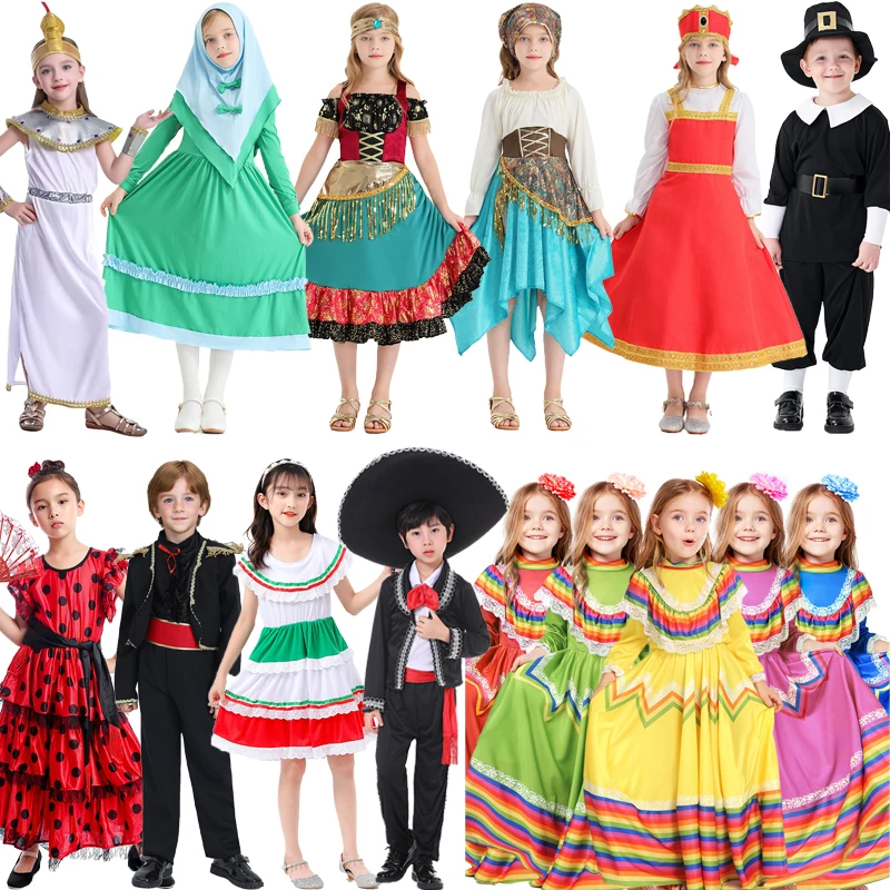 i World Ethnic Sle loween Dr Toddler Performance Costume Children's Traditional Outfit Polyester Summer 2024