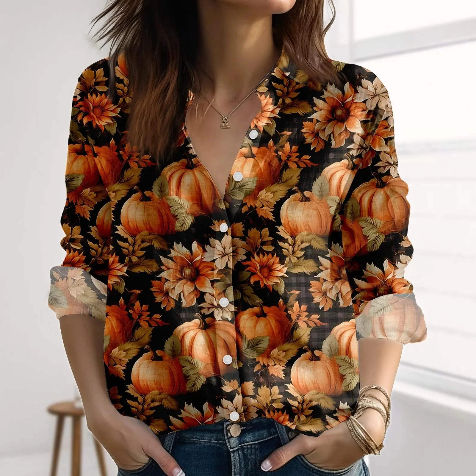 Halloween Women's Long Sleeve Shirt Pumpkin Skull Shirt Autumn Season Button-Up Shirt Horror Gift Holiday Party Women Tops