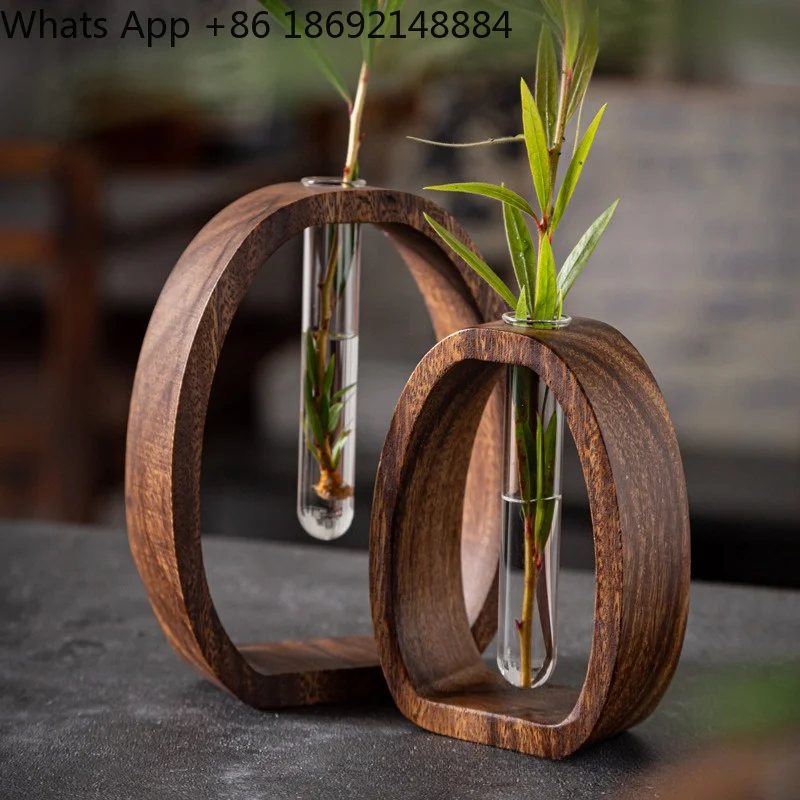 Walnut flower device plant flower arrangement Japanese solid wood glass desktop creative small ornament glass test tube vase