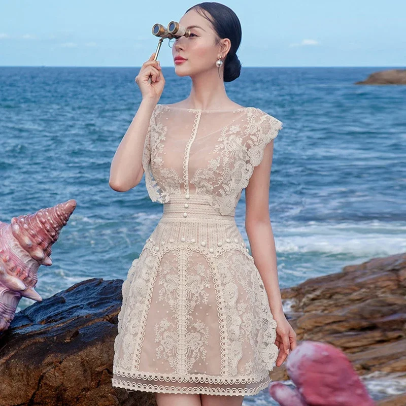 

New Elegant Dress Female Embroidery Lace Slash Neck Apricot Vintage Women Dress Bodycon High Waisted Vintage Clothing Vacation