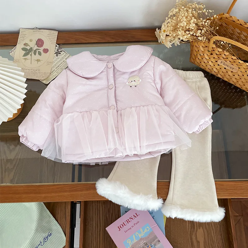 

Парки для маленьких девочек, новая зимняя утепленная теплая детская пуховая куртка с воротником Питера Пэна для маленьких девочек, сетчатая верхняя одежда для маленьких девочек, пальто