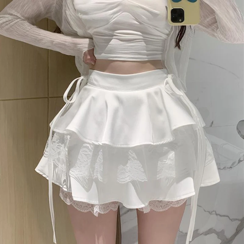 Y2K Sweet Solid Women Mini Skirt Summer High Waist Lace Patchwork Ladies Ball Gown Fashion All Match Ruffles Female Skirt