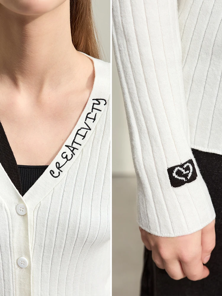 아미 미니멀리즘 2025 신상 여성 가디건 가을 패치워크 브이넥 플래킷 슬림 긴팔 울 부드러운 니트 탑 12411014