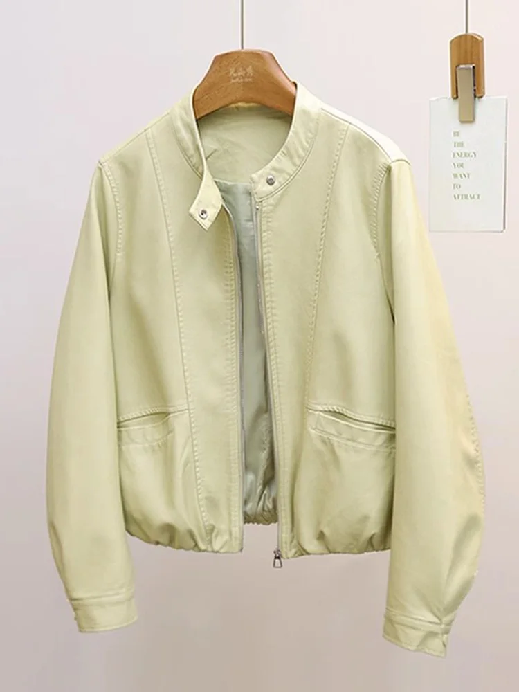 เสื้อแจ็คเก็ต Pu สไตล์โมโตสตรีทแวร์สำหรับผู้หญิง วินเทจ ฮาราจูกุ แขนยาว ทรงหลวม เสื้อคลุมลำลอง สไตล์อเมริกันเรโทร ทรง Biker คอทรงกลม มีกระเป๋า เสื้อนอก