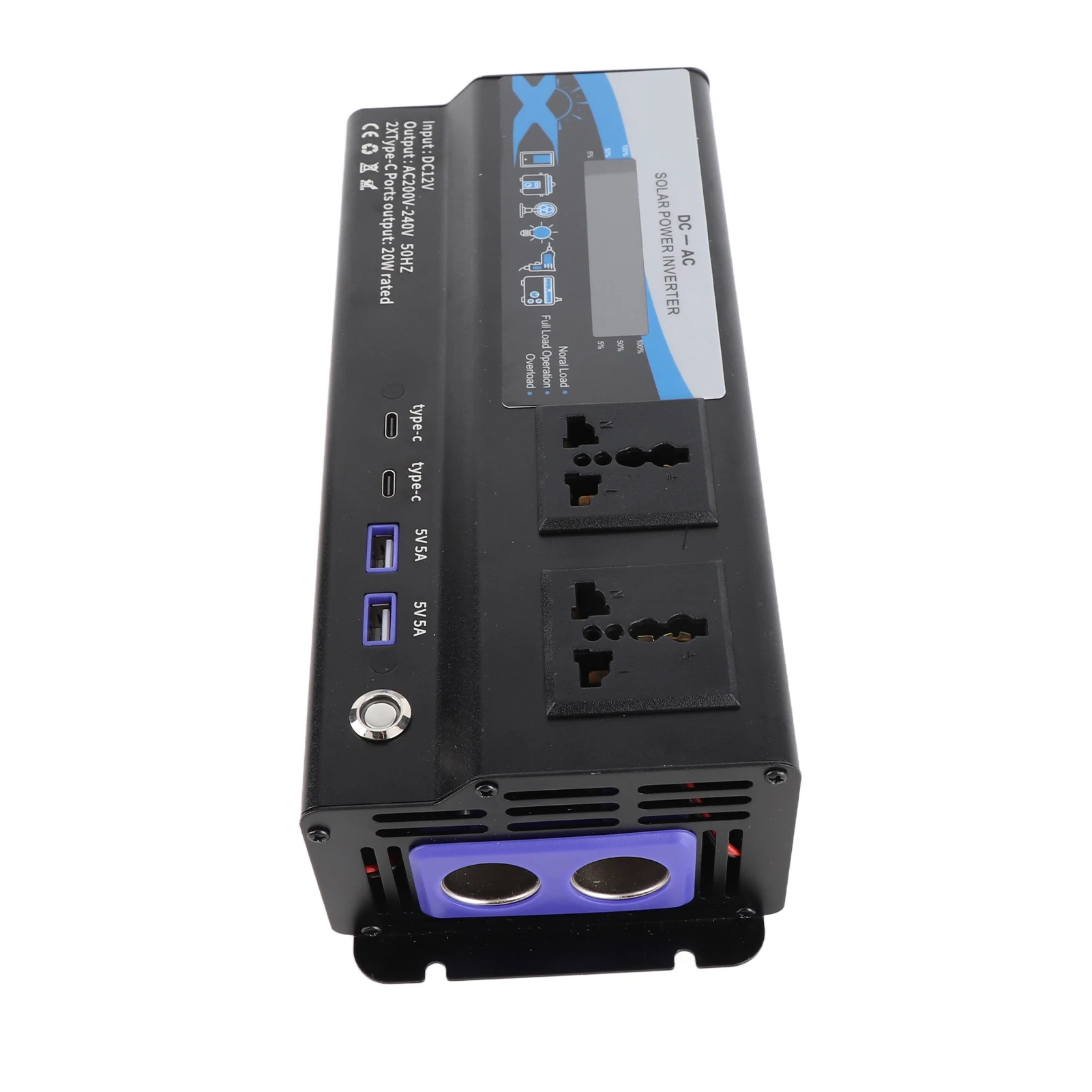 12V 6000W Peak Modified Sine Wave Power Inverter 2USB 2Type-C Color LED Light Car Converter