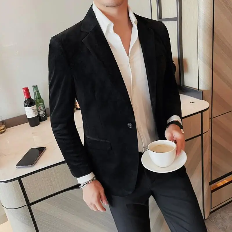 2023 Autumn Velvet Blazers Jacket Solid Color Casual Slim Fit Business Suit Coat High Quality Fashion Men Wedding Social Tuxedo