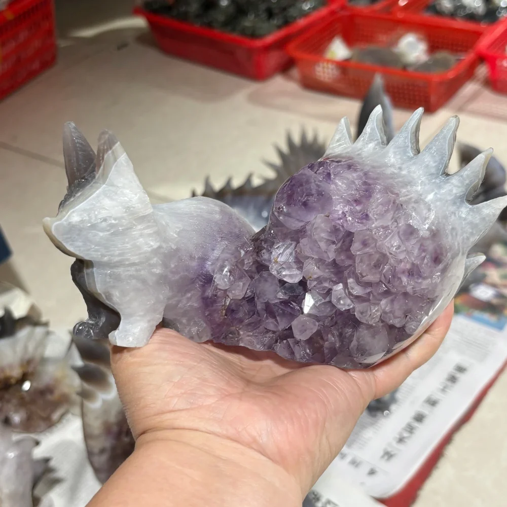 Natural Agate Amethyst Geode Nine Tailed Fox Hand Carved Druzy Crystal Figurine Reiki Healing Home Decor Gift