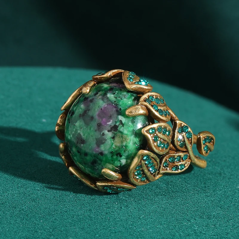 Vintage Jewelry Full Rhinestones Leave Green Peacock Stone Rings for Woman Gold Color Party Gift Bohemia Wedding New in 2024