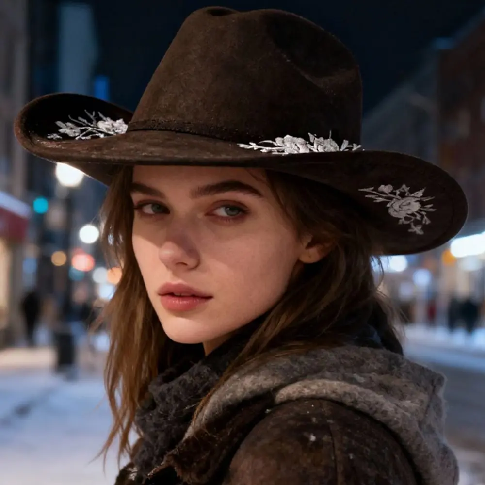 Sombrero de copa de fieltro bordado de ala grande, gorra de rendimiento para ocasiones formales, sombreros de lana, sombreros de Jazz, decoración de flores bordadas