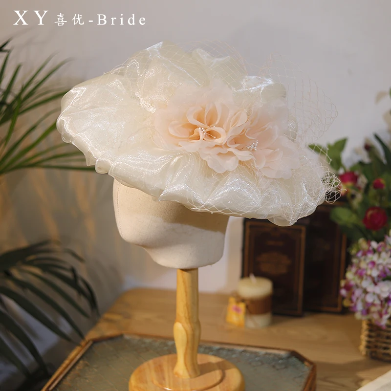 Fairy Women Multi-layer Mesh Flower Wedding Hat High End Wedding Hat Elegant Ladies Royal Banquet Horse Race Fedoras Headdress