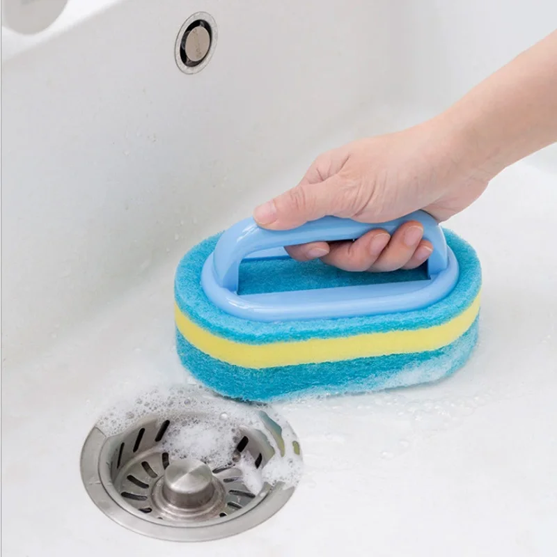 Red & Blue Dual-Color Cleaning Sponge Brush Set - 14×9×7cm Ergonomic Handle Scrub Sponge, Perfect for Kitchen, Bathroom