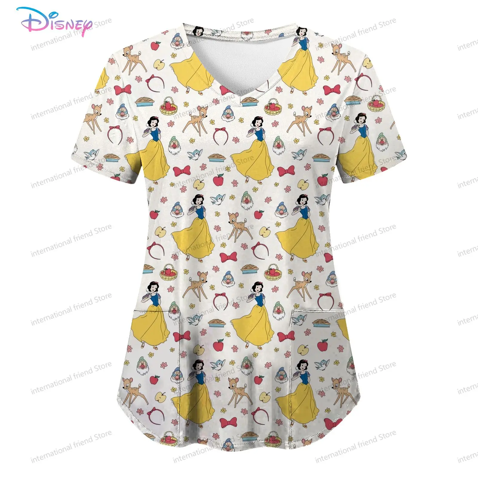 Disney Princess Damska koszulka pielęgniarki z dekoltem w szpic Letnia nowa sukienka Odzież damska 2024 Tanie topy Y2k S-2XL Kawaii Tops