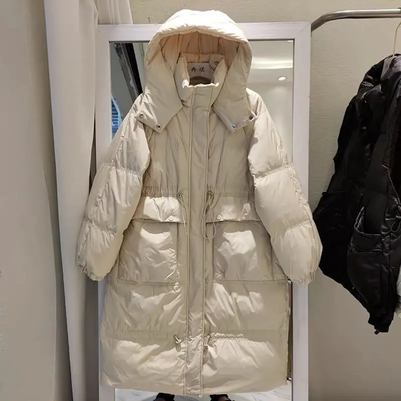 Winter New Down Jacket Women Mid-length Over-the-knee Down Jacket All-match Loose Thickened Hooded Waist White Duck Down Jacket