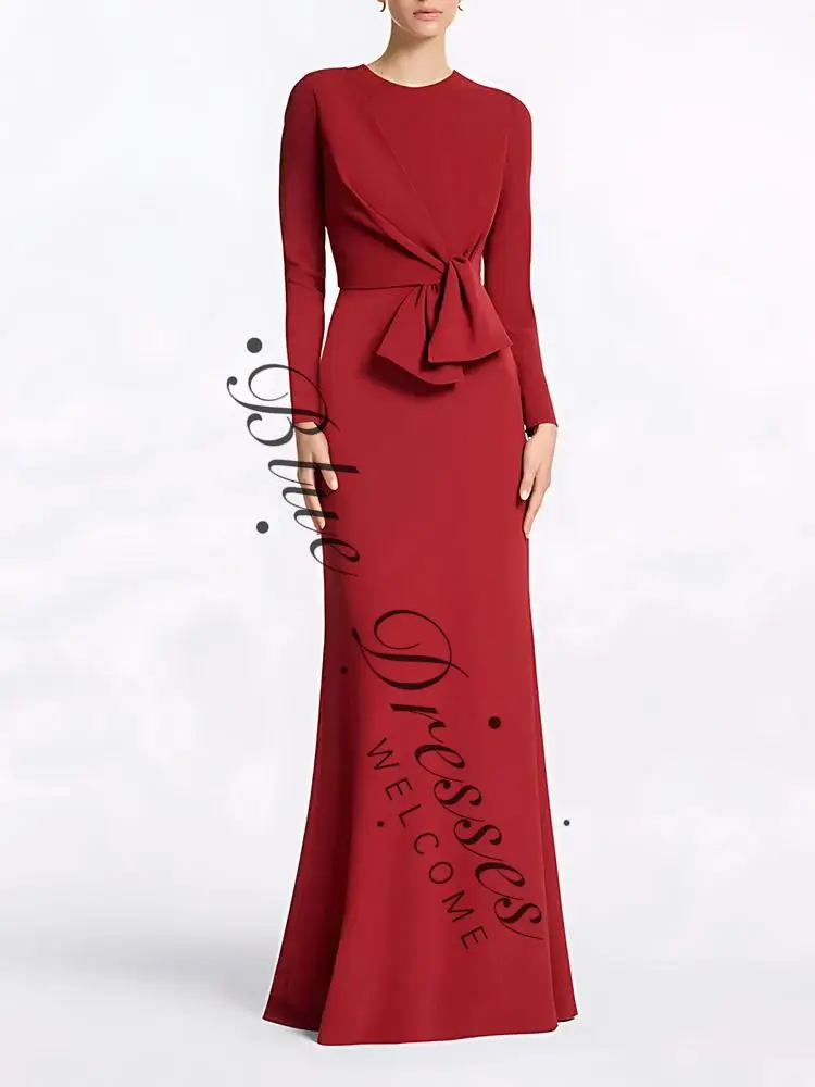 

Элегантное женское красное платье макси с длинными рукавами по индивидуальному заказу и завязкой спереди Вечернее платье с круглым вырезом длиной до пола, вечерние