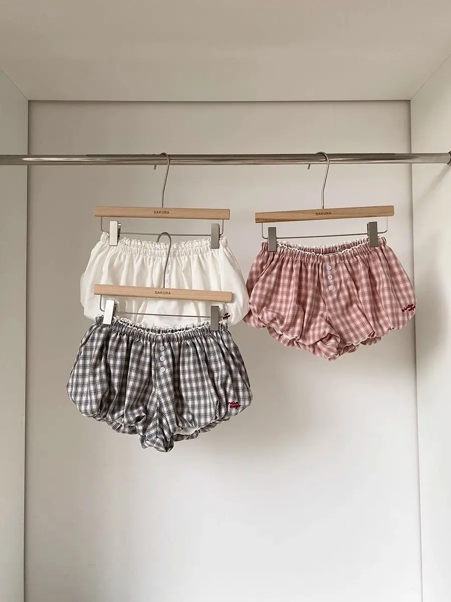 Gagarich Retro Plaid Elastic Waist Flower Bud Pants Women Summer 2026 New Korean Sweet Fashionable Wide Leg Shorts