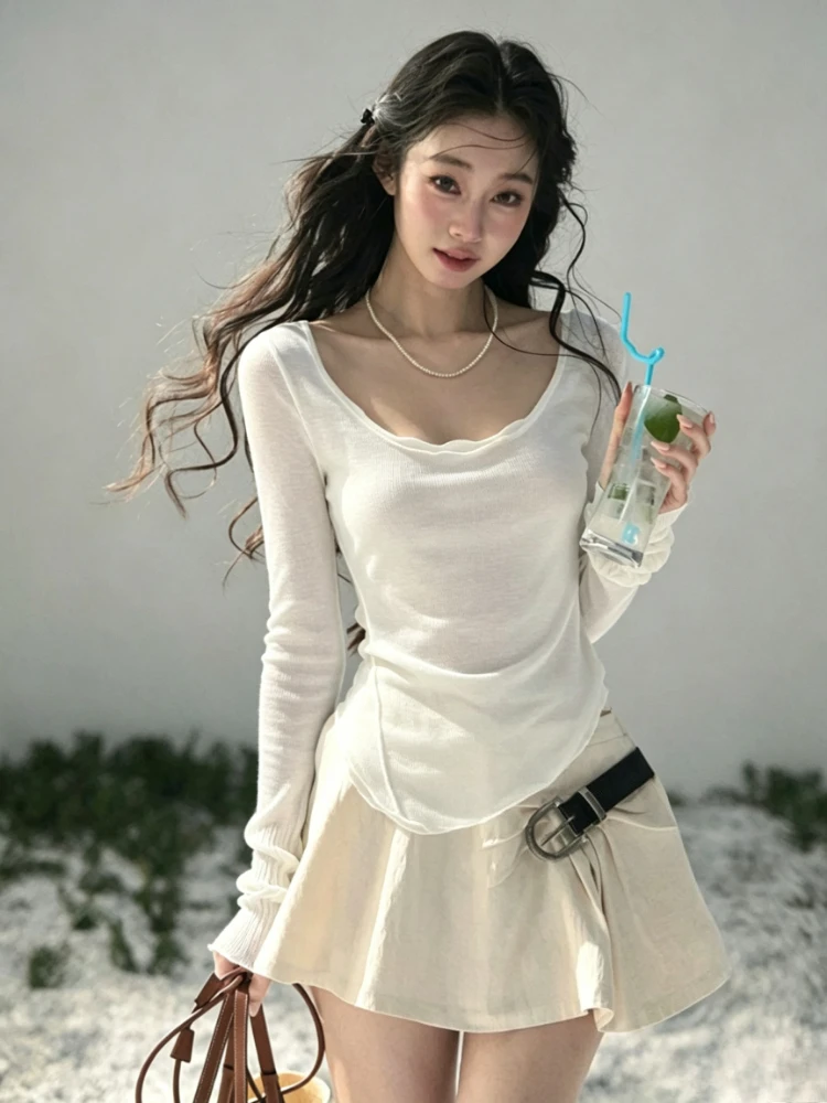 Autumn Pure Color Women Irregular Slim Blouse Korean Style Long Sleeve Spicy Girl Bodycon Top Figure‑Hugging Inner Street Tees